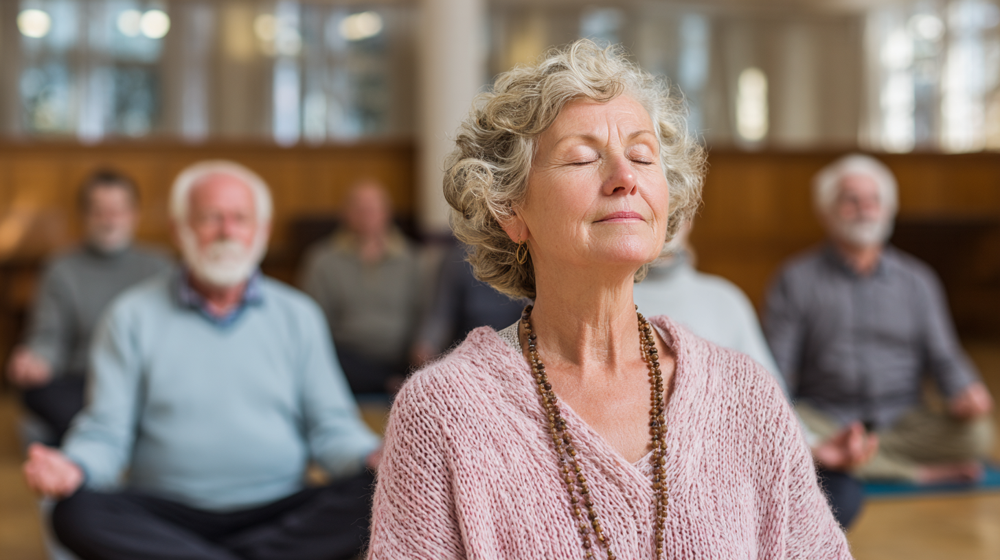 Grup de seniori practicând yoga într-un cadru natural